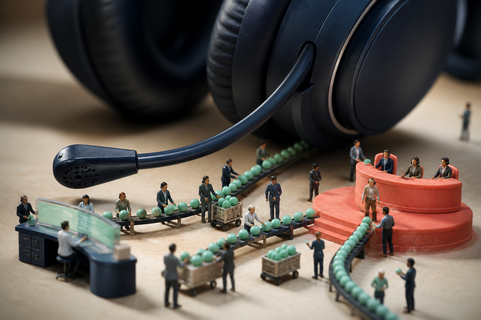 Tiny support coordinators routing inquiries around an enormous headset