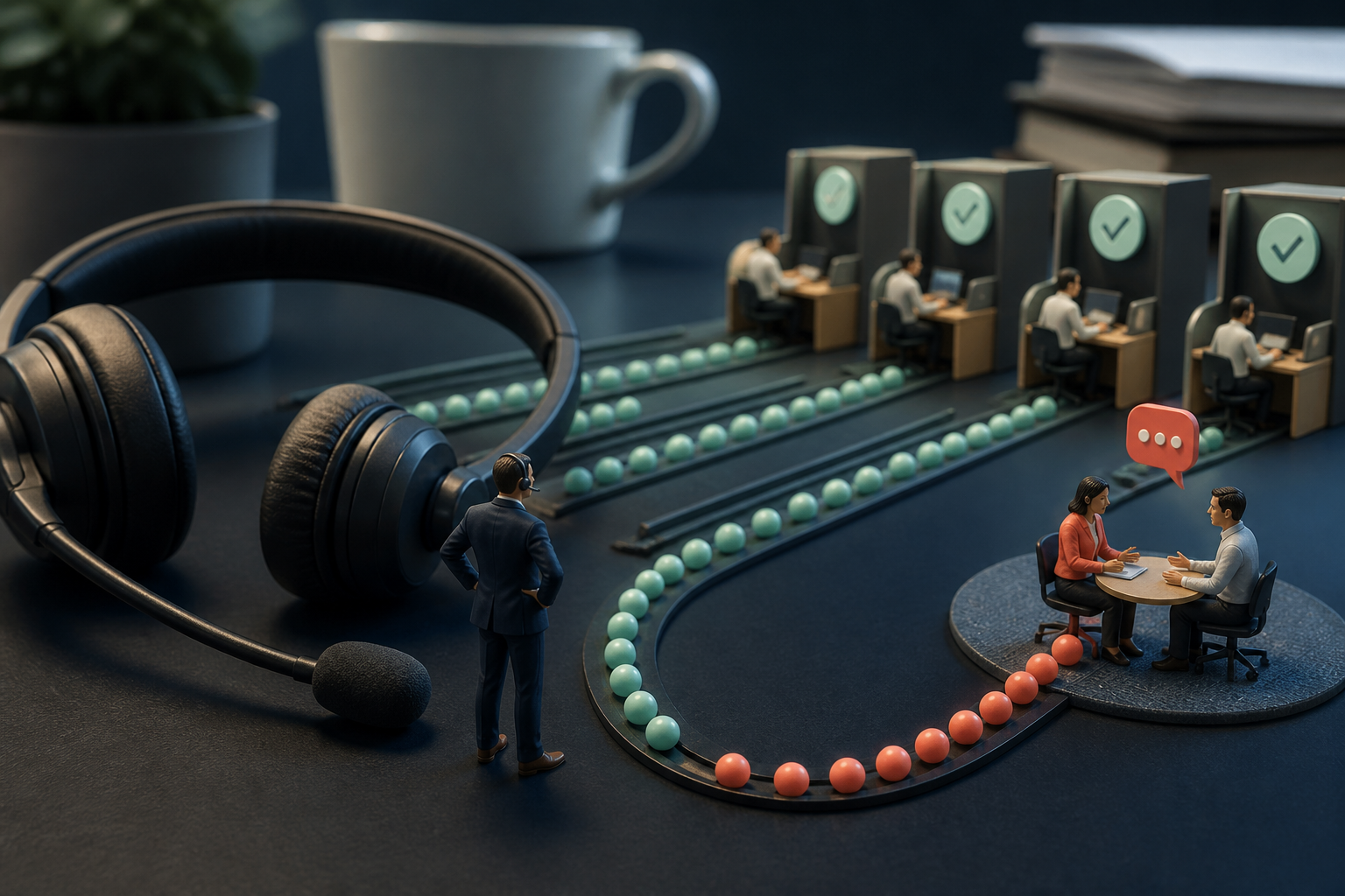 Tiny support team resolving inquiries beside a giant headset and human escalation station