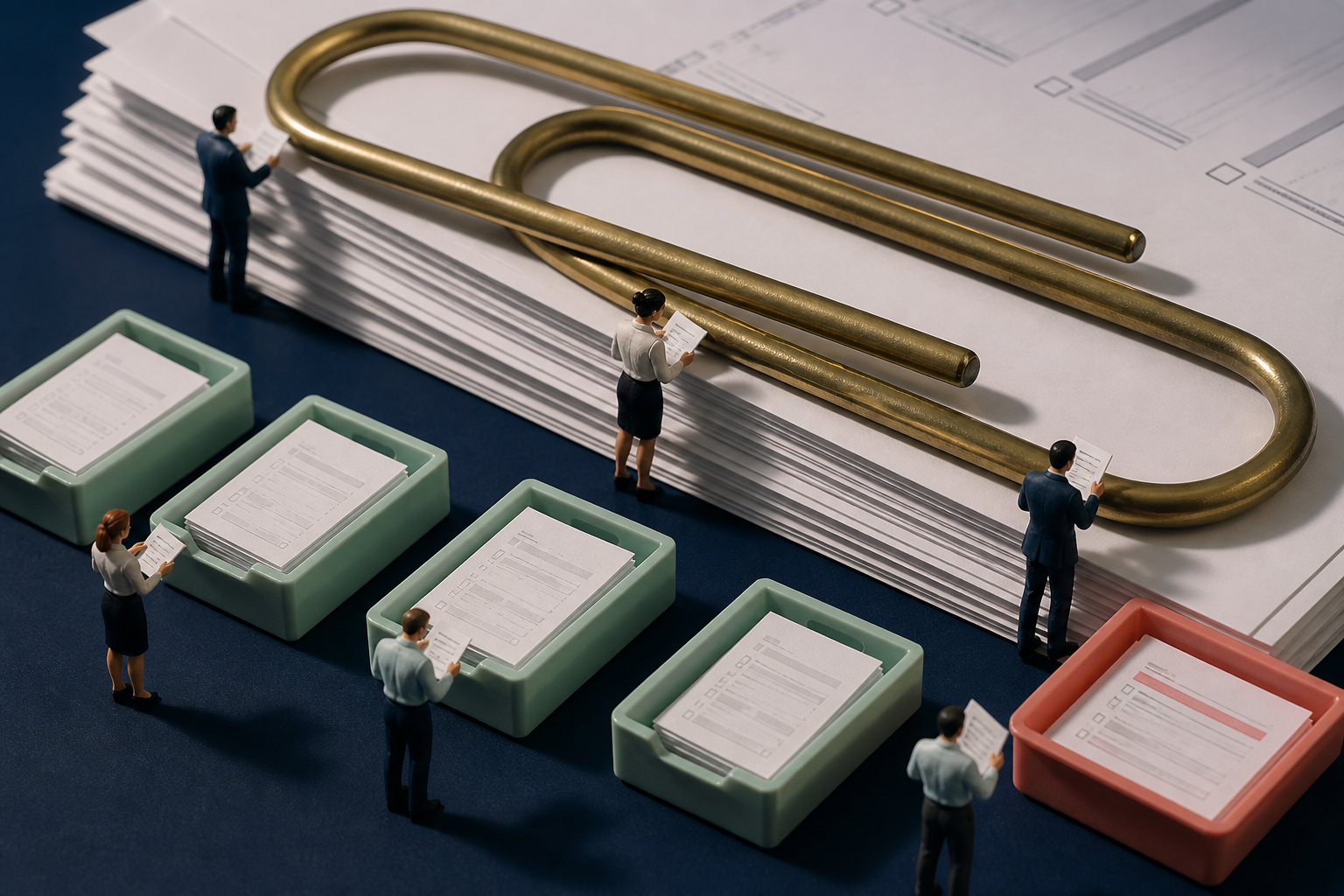Tiny document specialists sorting giant papers beneath an oversized paperclip