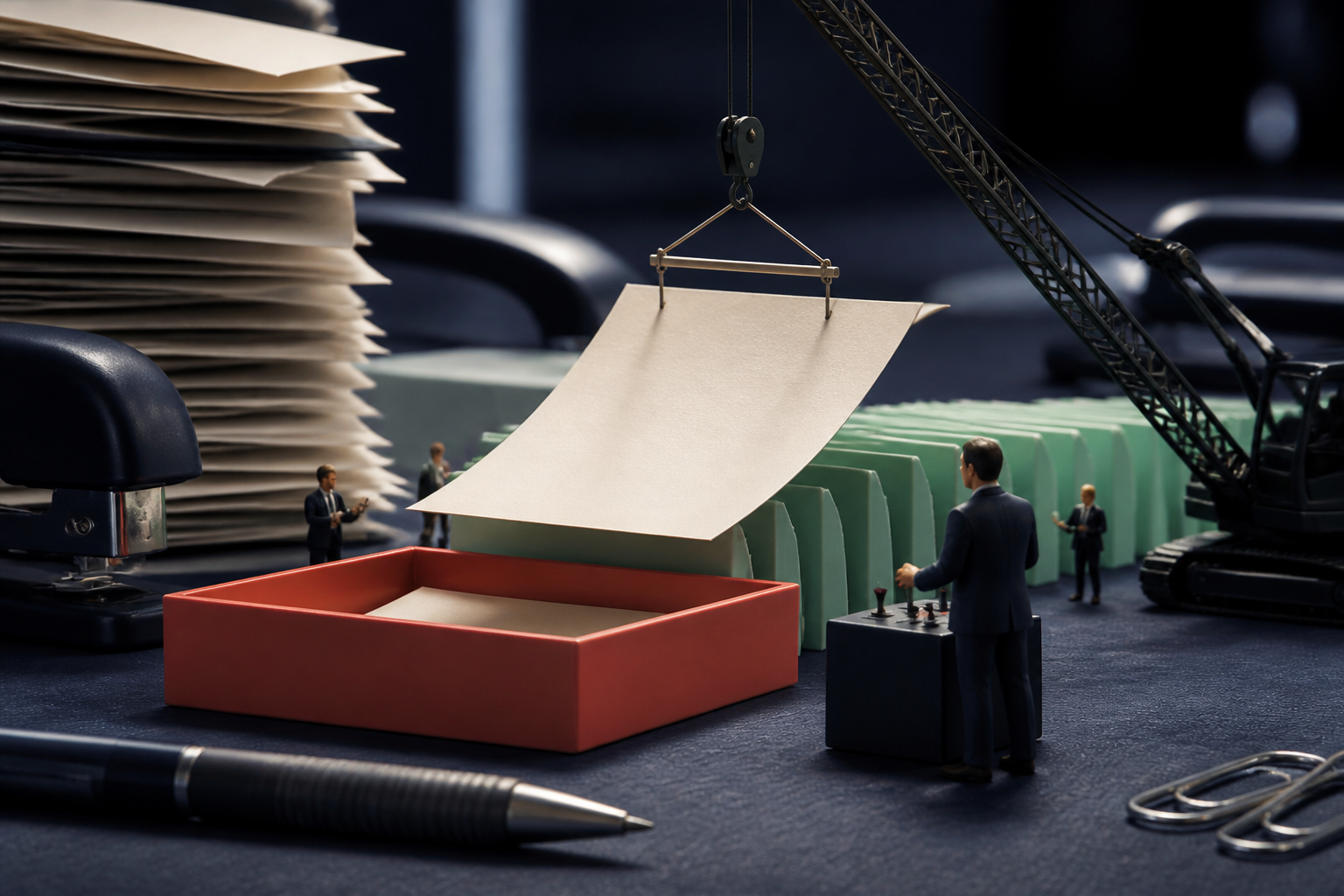 Tiny specialists moving a giant paper sheet through classification slots