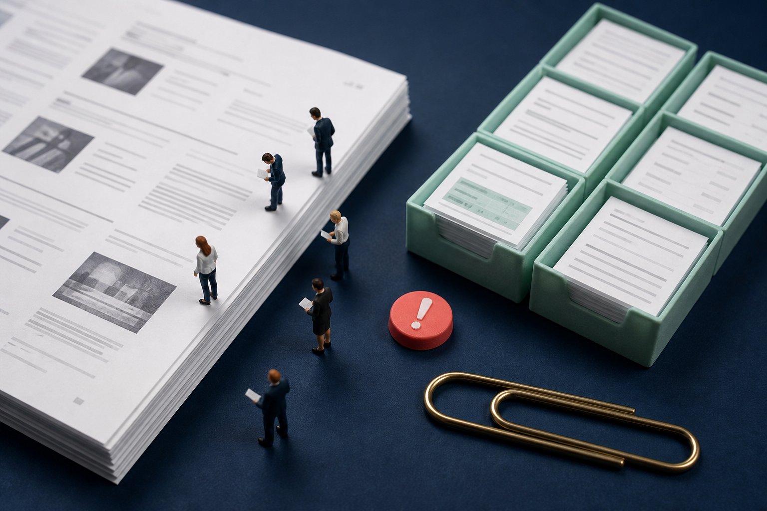 Tiny reviewers comparing giant source documents beside an approved output tray