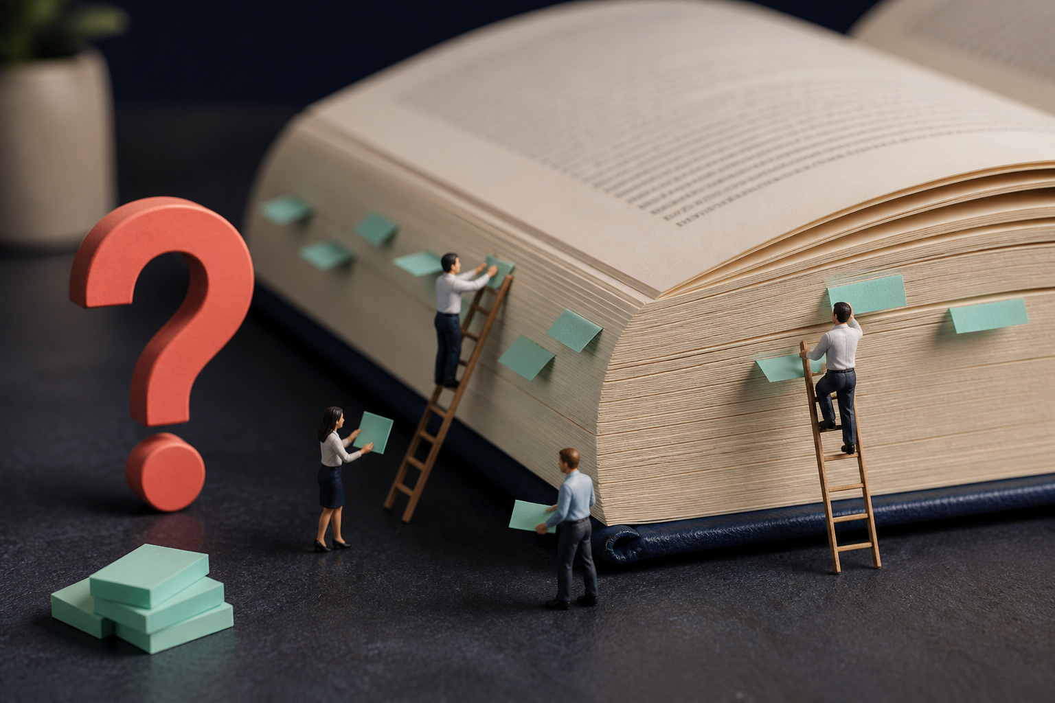 Tiny knowledge workers climbing an enormous open reference book