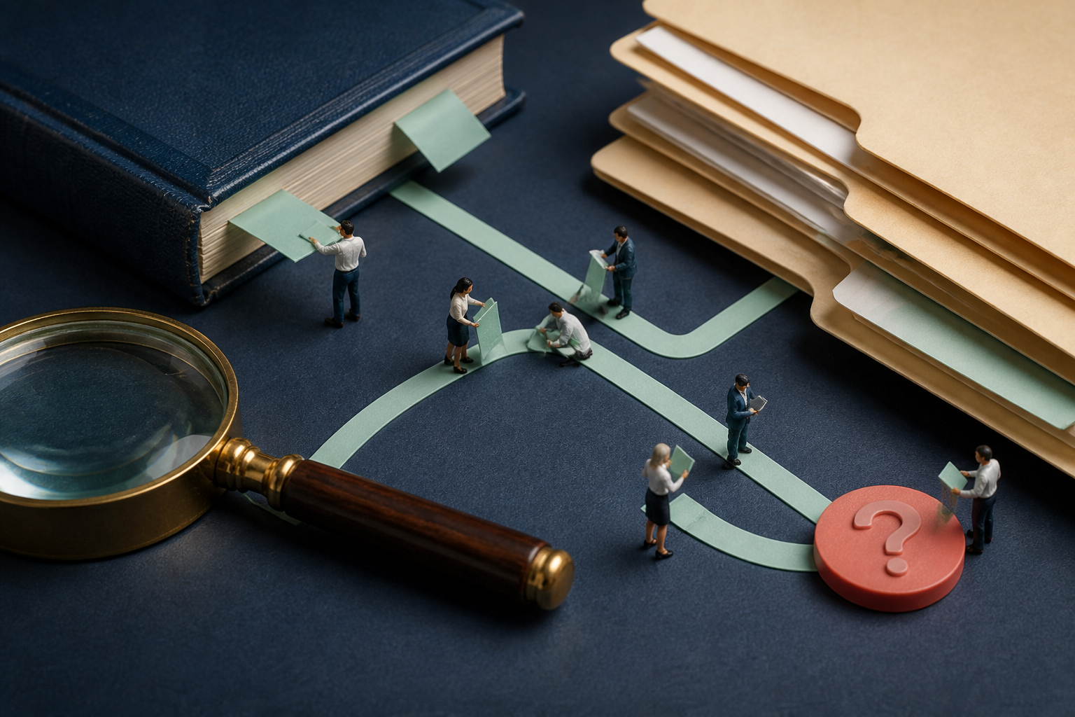 Tiny librarians connecting giant approved folders and book tabs into a retrieval path