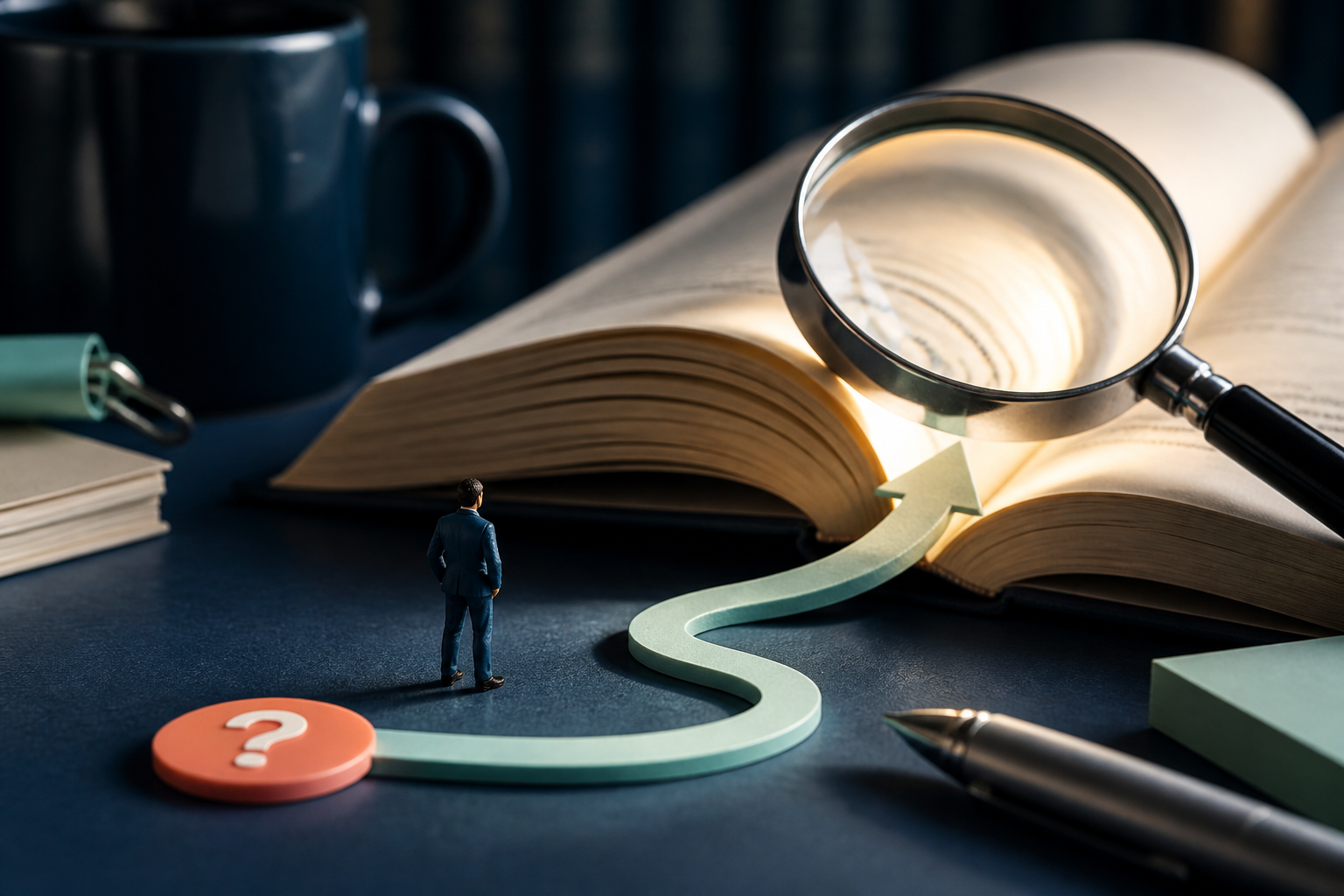 Tiny employee verifying an answer against a giant illuminated source book