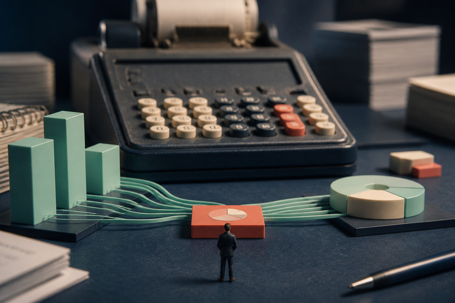 Tiny analysts working around a giant calculator and chart blocks