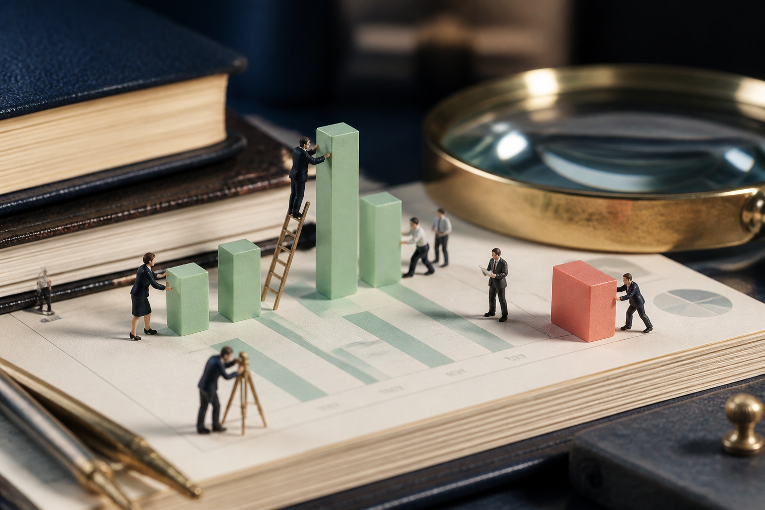 Tiny analysts assembling giant chart bars across an oversized ledger