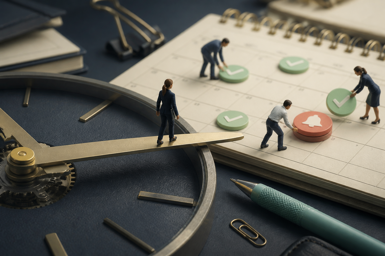 Tiny coordinator walking along a giant clock hand toward calendar tiles