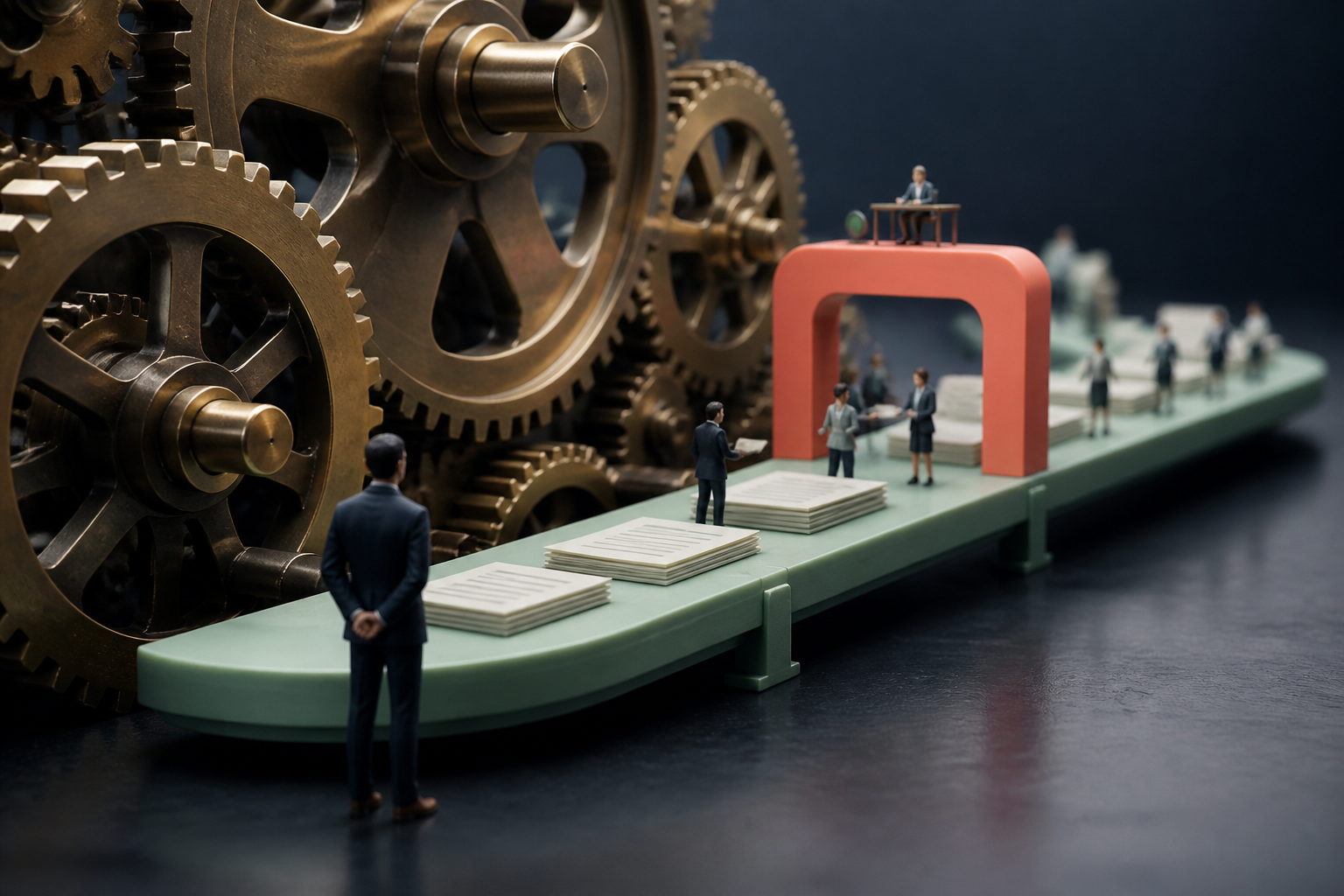 Tiny operations specialists working around giant gears and a workflow conveyor