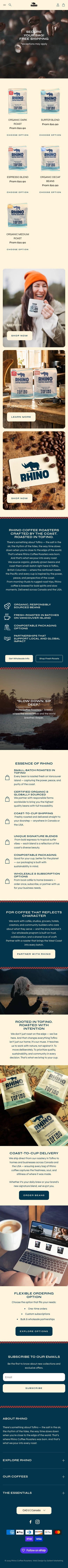 Complete mobile home page of Rhino Coffee Roasters