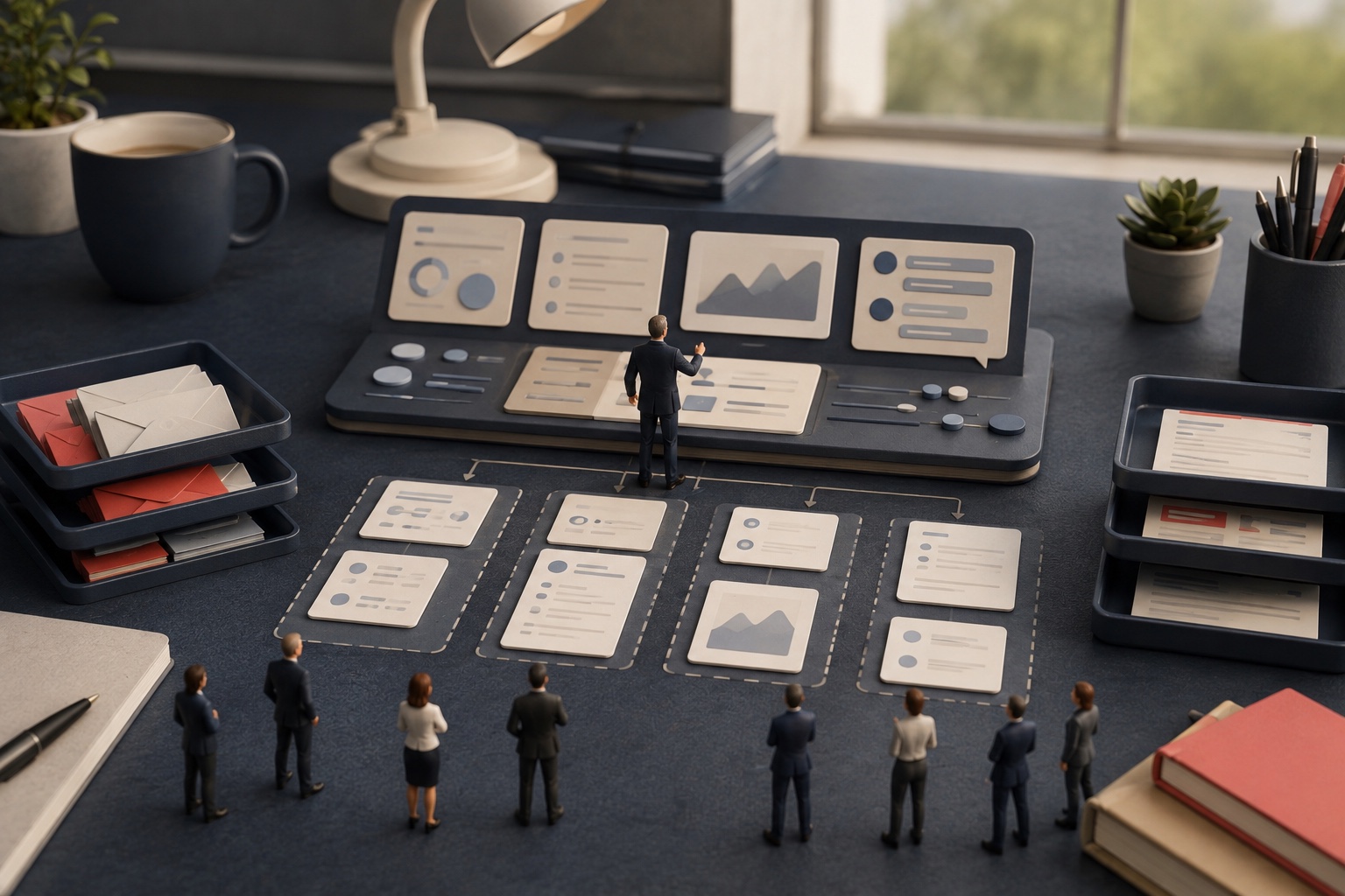 Miniature employees directing several organized workstreams through a large AI-enabled desktop command hub