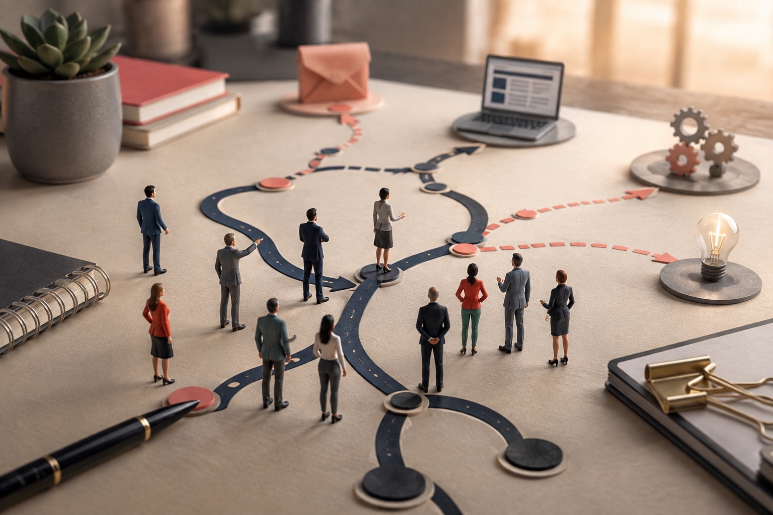 Miniature client and consulting teams exploring an expanding map of email, website, operations and ideation workflows together