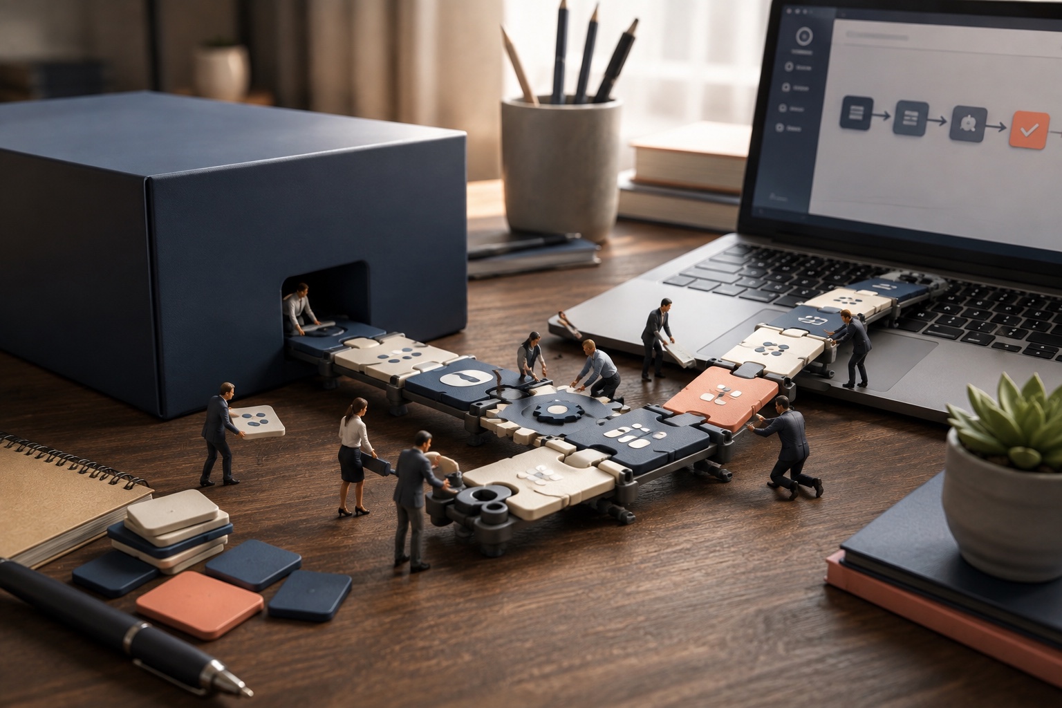 Miniature business team constructing a modular workflow around a large blocked software system and connecting it to a laptop