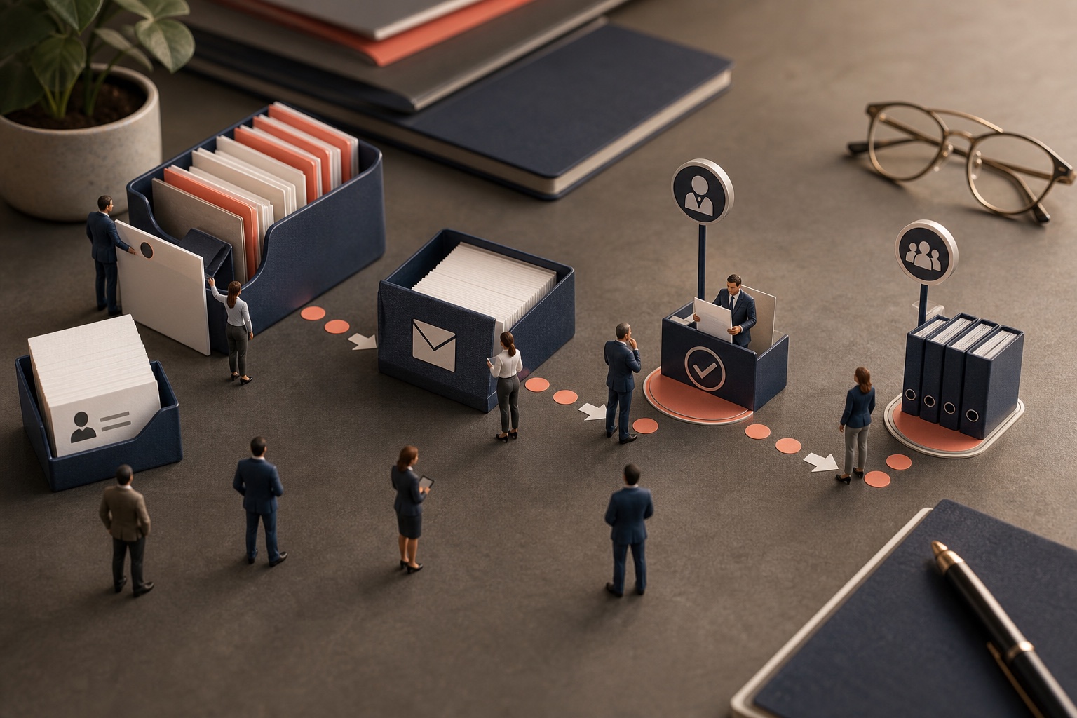 Miniature team moving trade-show contact cards through an organized follow-up path with a visible human approval station