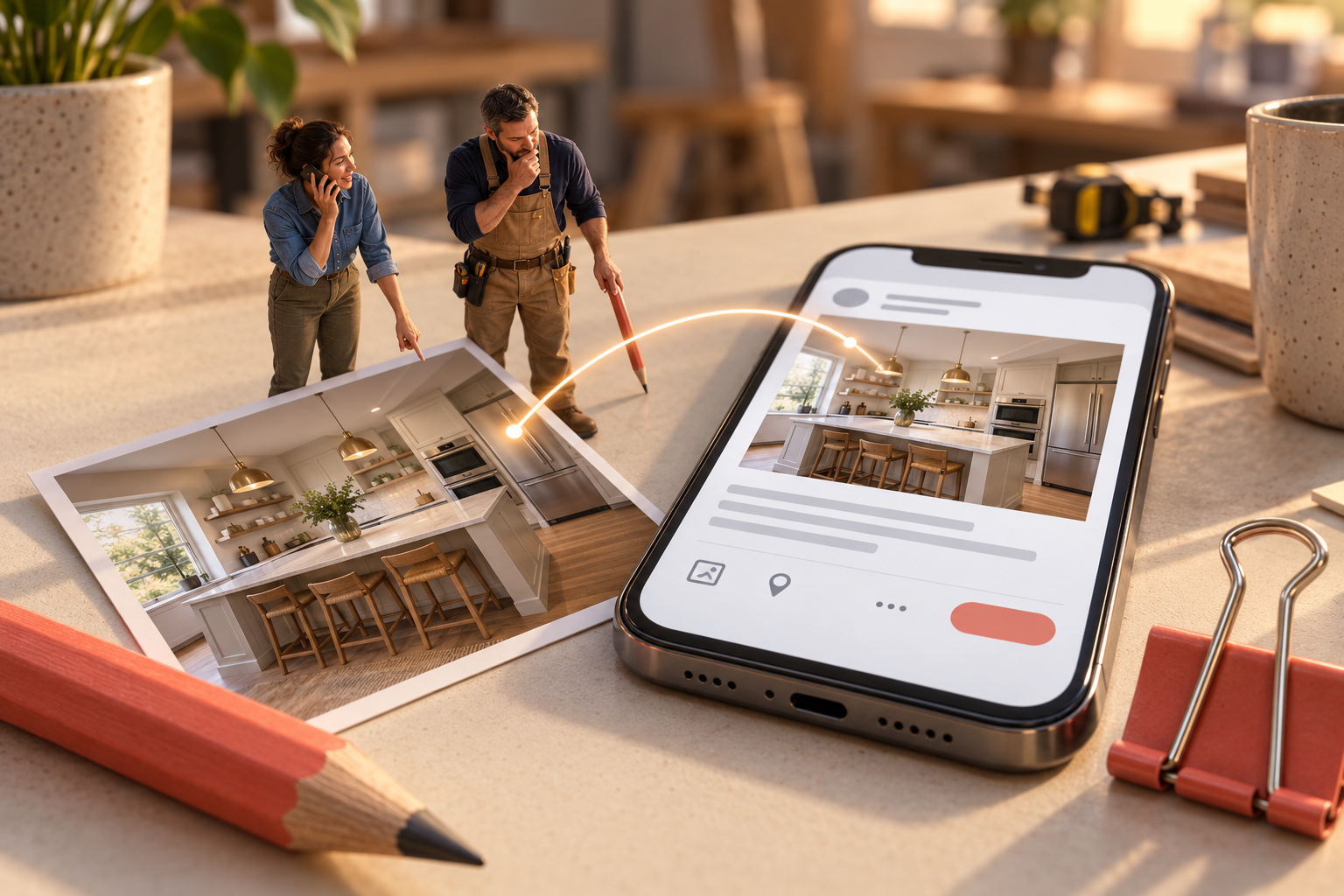 Miniature business owners turn a project photograph and spoken explanation into a social-post draft.