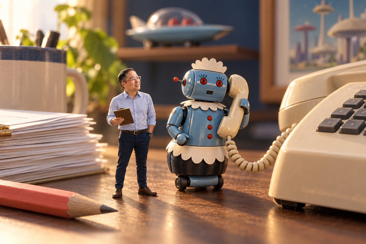 Miniature Stephen beside Rosie from The Jetsons, answering an oversized office telephone on a business desk.