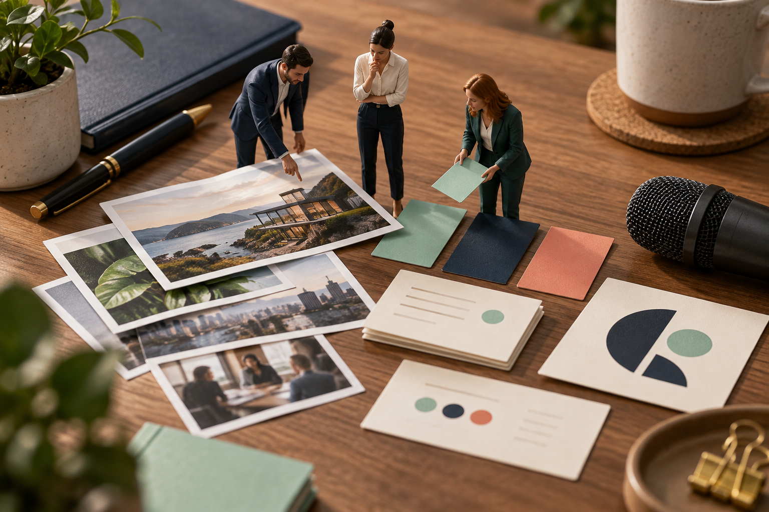 Three miniature colleagues review project photos, colour swatches and brand materials beside a microphone.