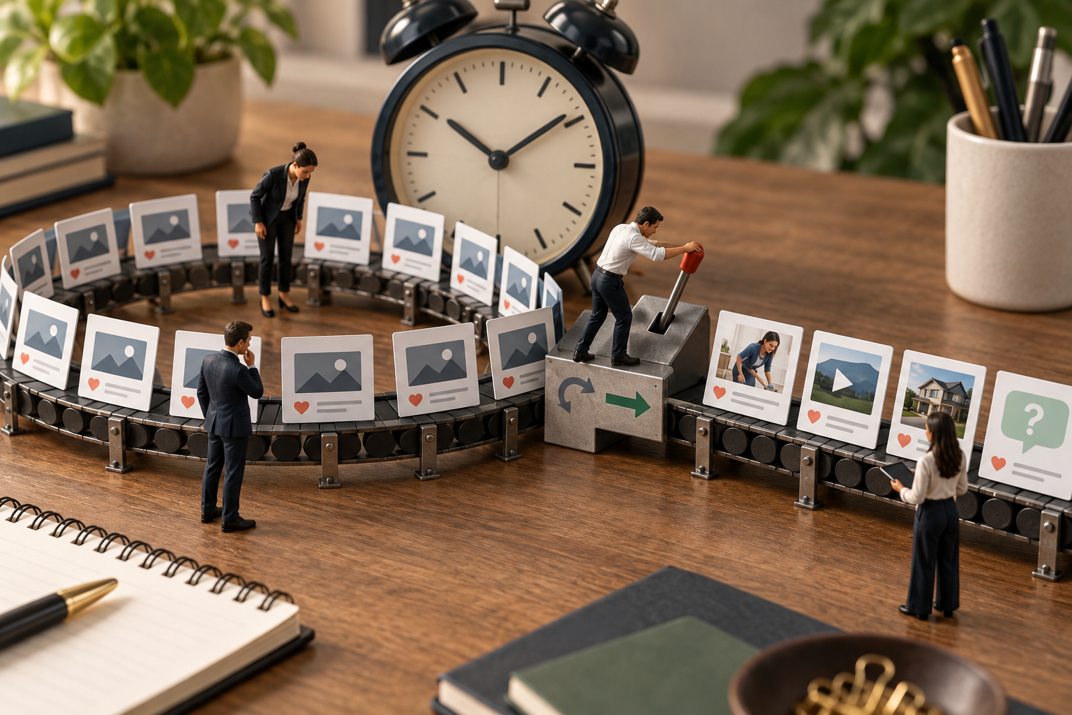 Miniature businesspeople divert repetitive social posts from a circular conveyor into a varied stream beside an alarm clock.