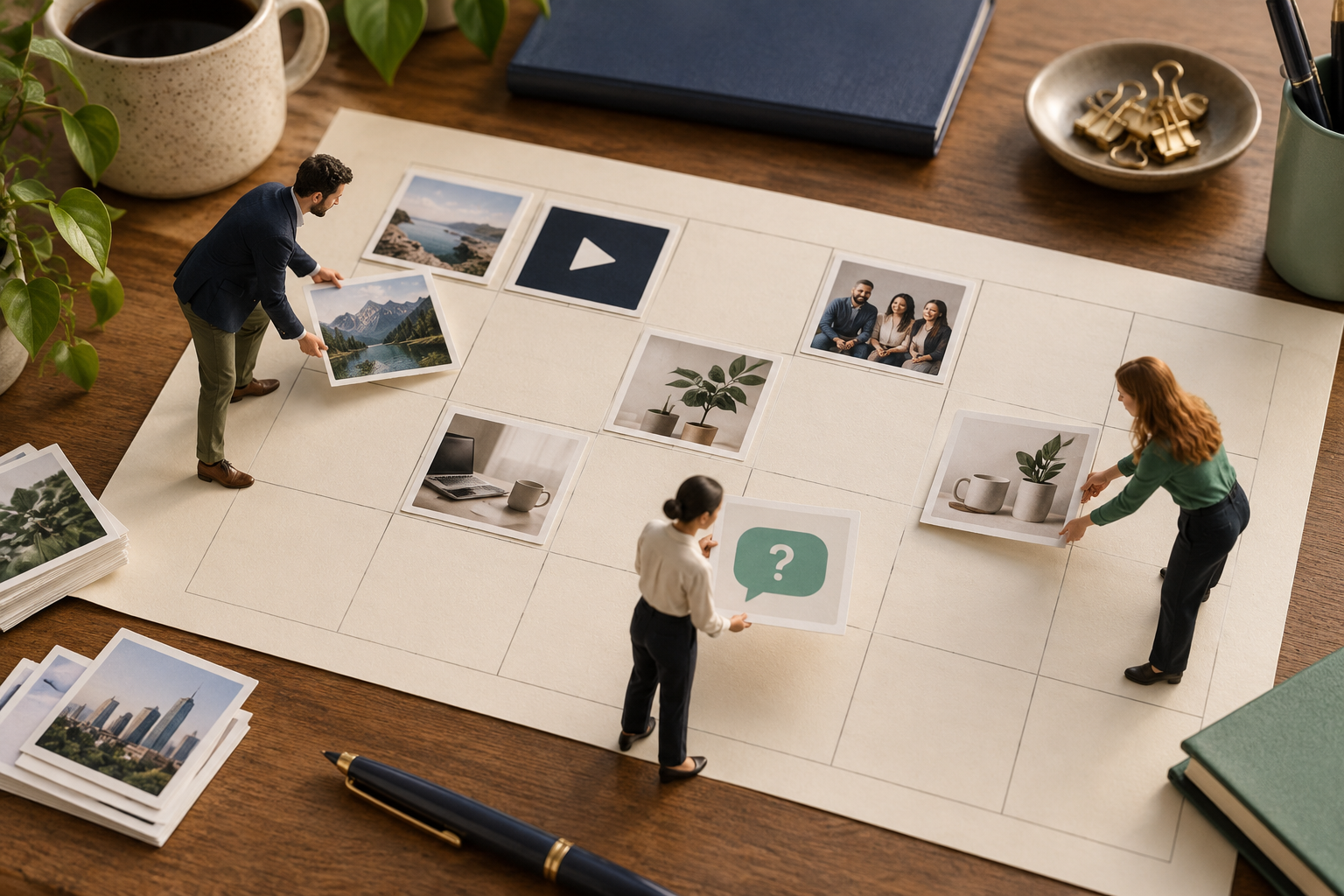 Miniature colleagues arrange photos, video and question cards on a large content calendar.