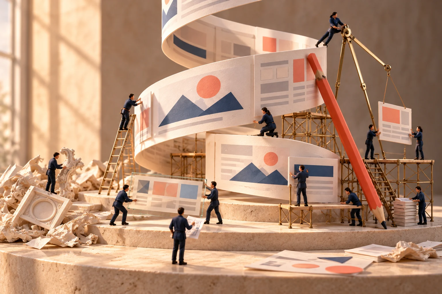 Tiny craftspeople construct a sculptural spiral of paper website panels, using a giant pencil and delicate scaffolding.