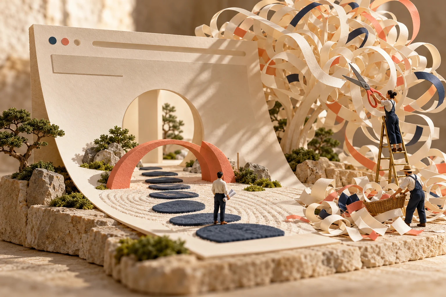 Miniature gardeners prune curling paper branches beside a clear path through a sculptural website garden.