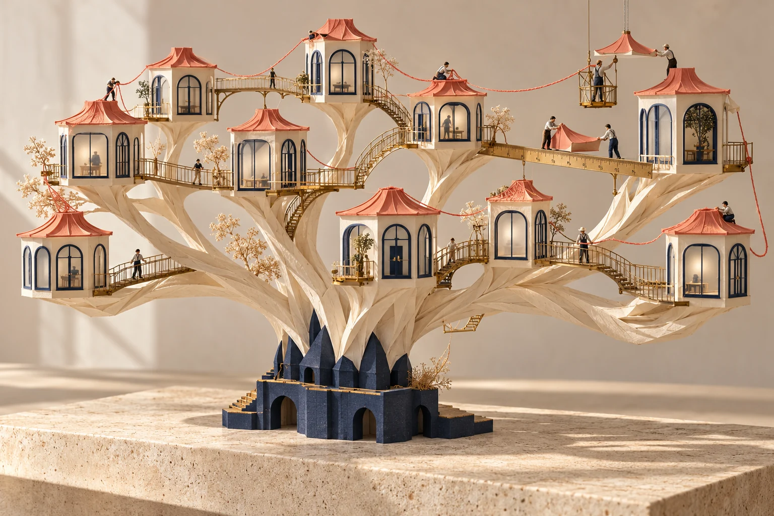A miniature tree of connected paper pavilions shares matching architectural components while tiny craftspeople maintain its branches.