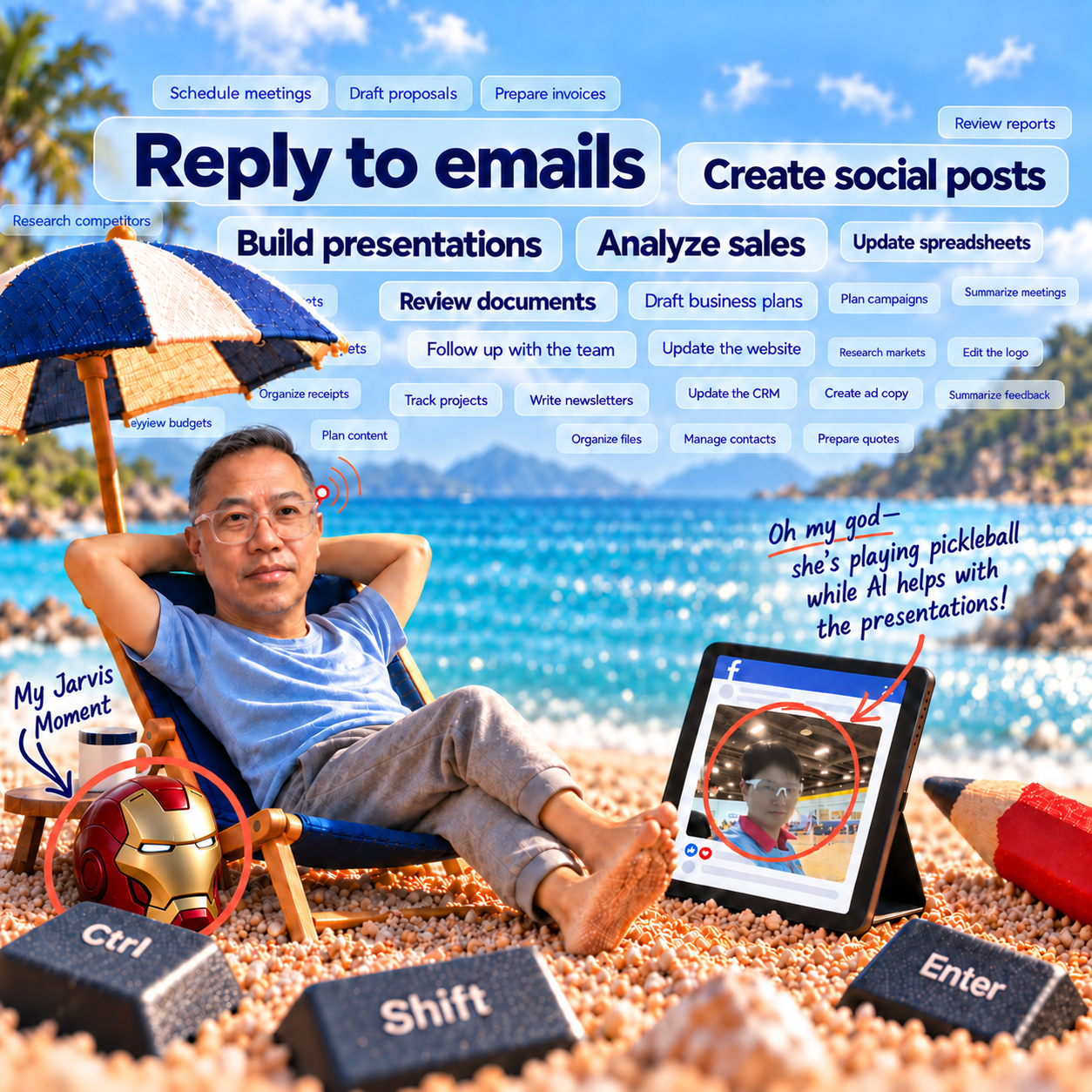 Miniature Stephen lounges on a beach beneath business task labels. A large circled Iron Man helmet rests behind the Ctrl key close to the chair, with a handwritten My Jarvis Moment annotation. A tablet shows Victoria’s circled pickleball photograph.