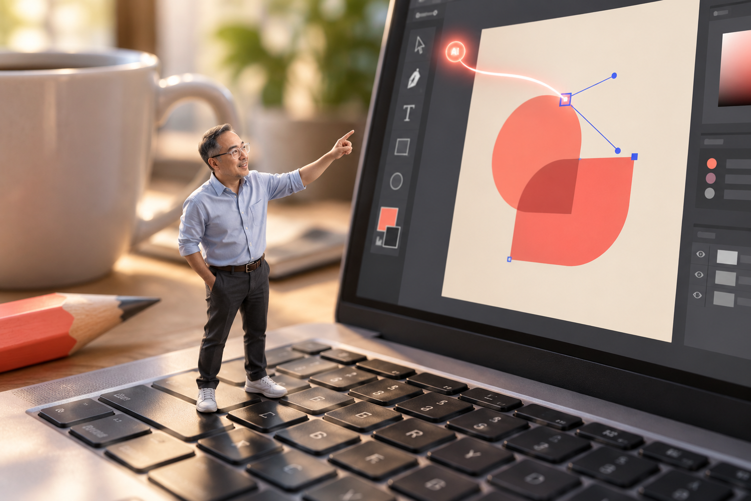 Miniature Stephen beside an oversized laptop displaying a vector logo design.