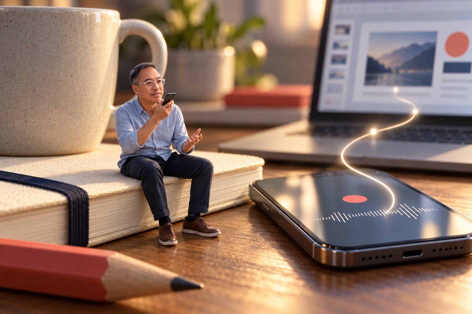 Miniature Stephen speaking into a phone beside an oversized notebook and coffee mug.