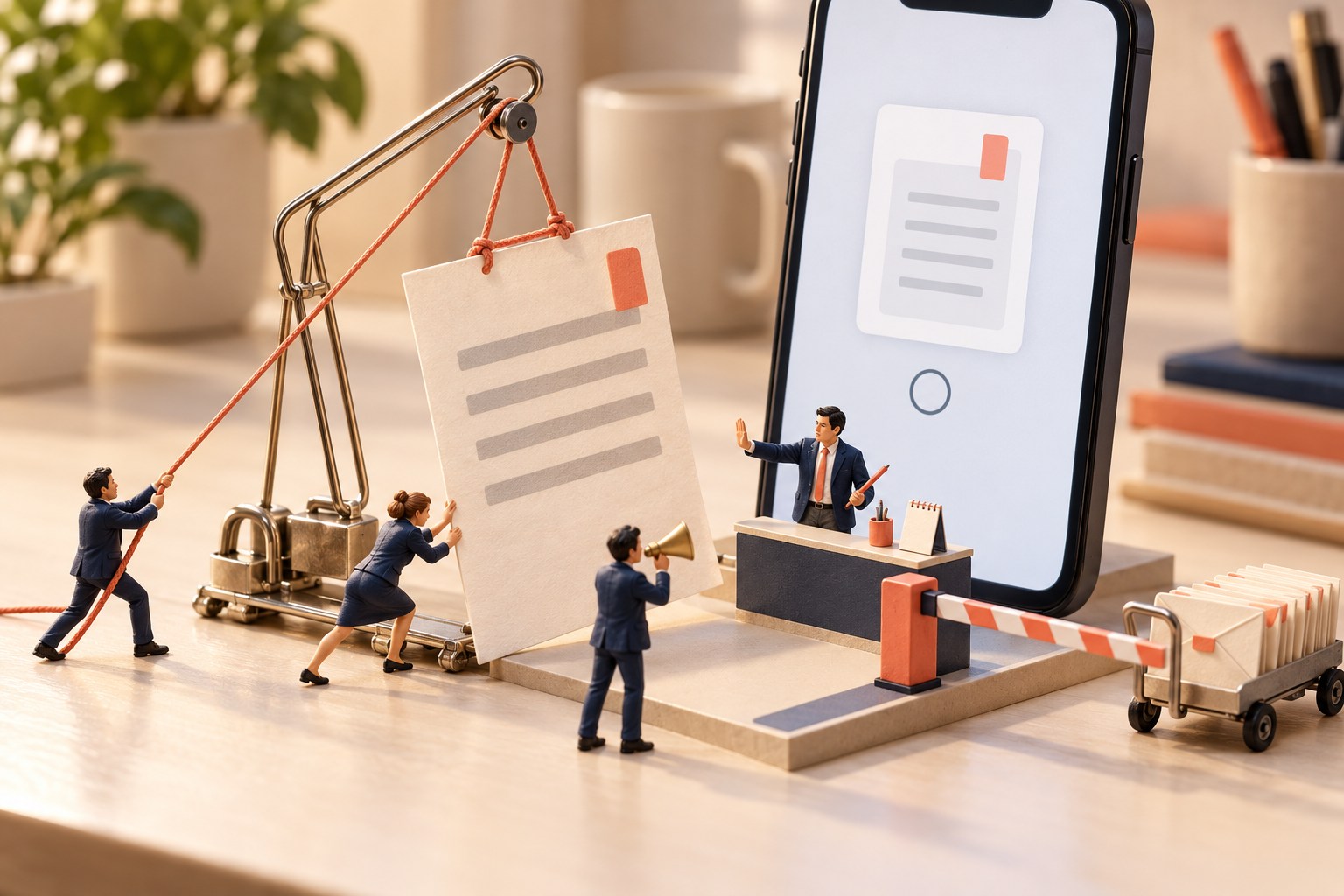 Tiny assistants hoist a draft toward a phone while a human reviews it beside a closed approval gate.