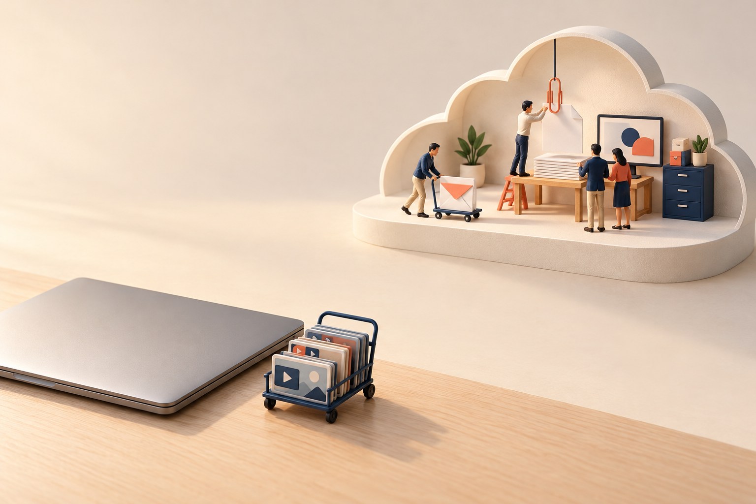 A separate miniature cloud workshop processes an envelope while a closed laptop and its local video cart remain idle.