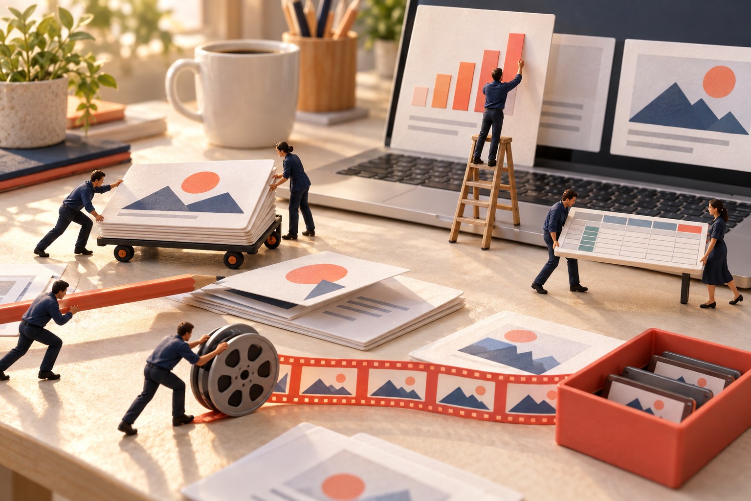 Tiny people move slide cards, carry a spreadsheet and roll video frames into a sample tray beside a laptop.