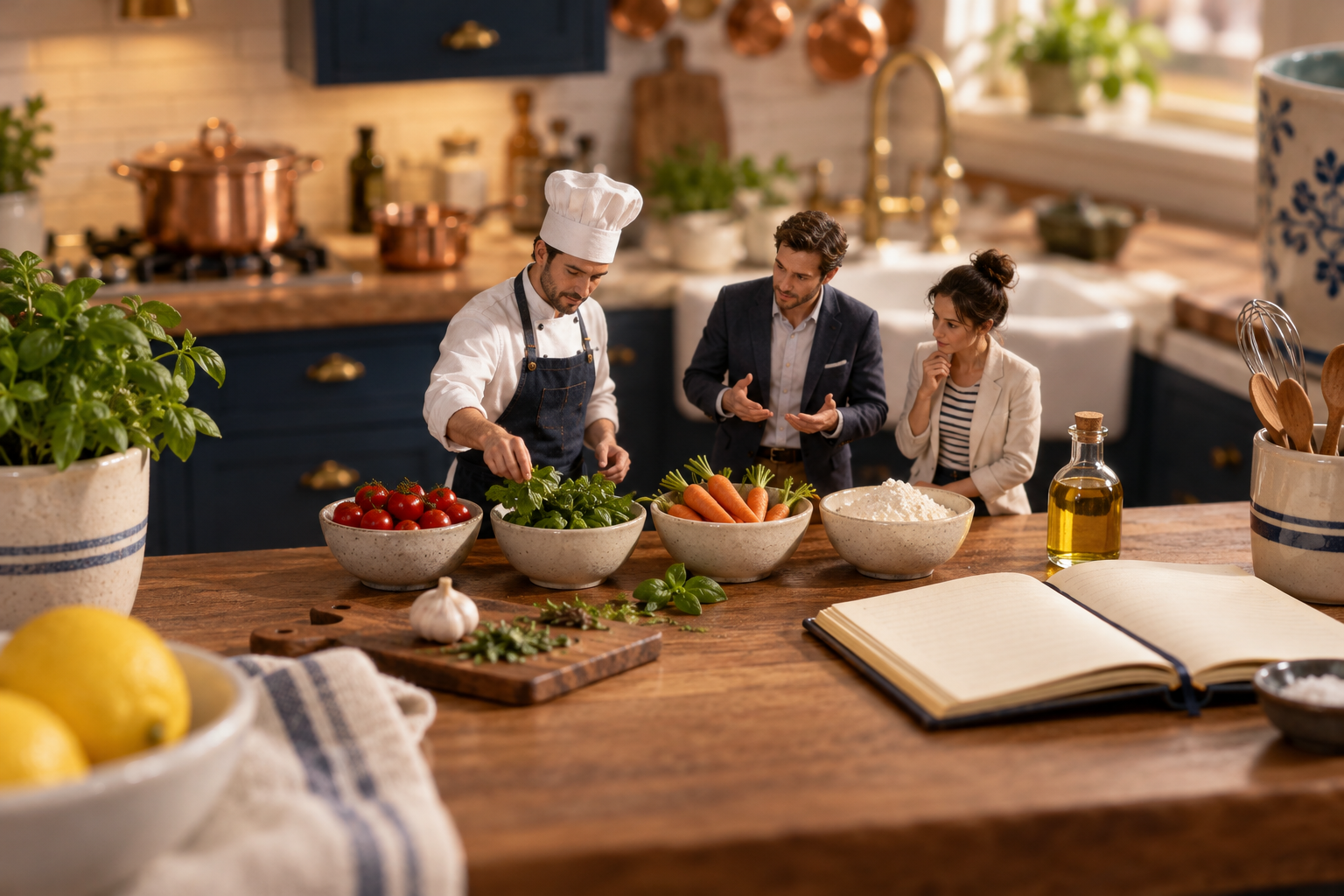 A miniature chef and two business owners discuss fresh ingredients arranged on a kitchen counter.