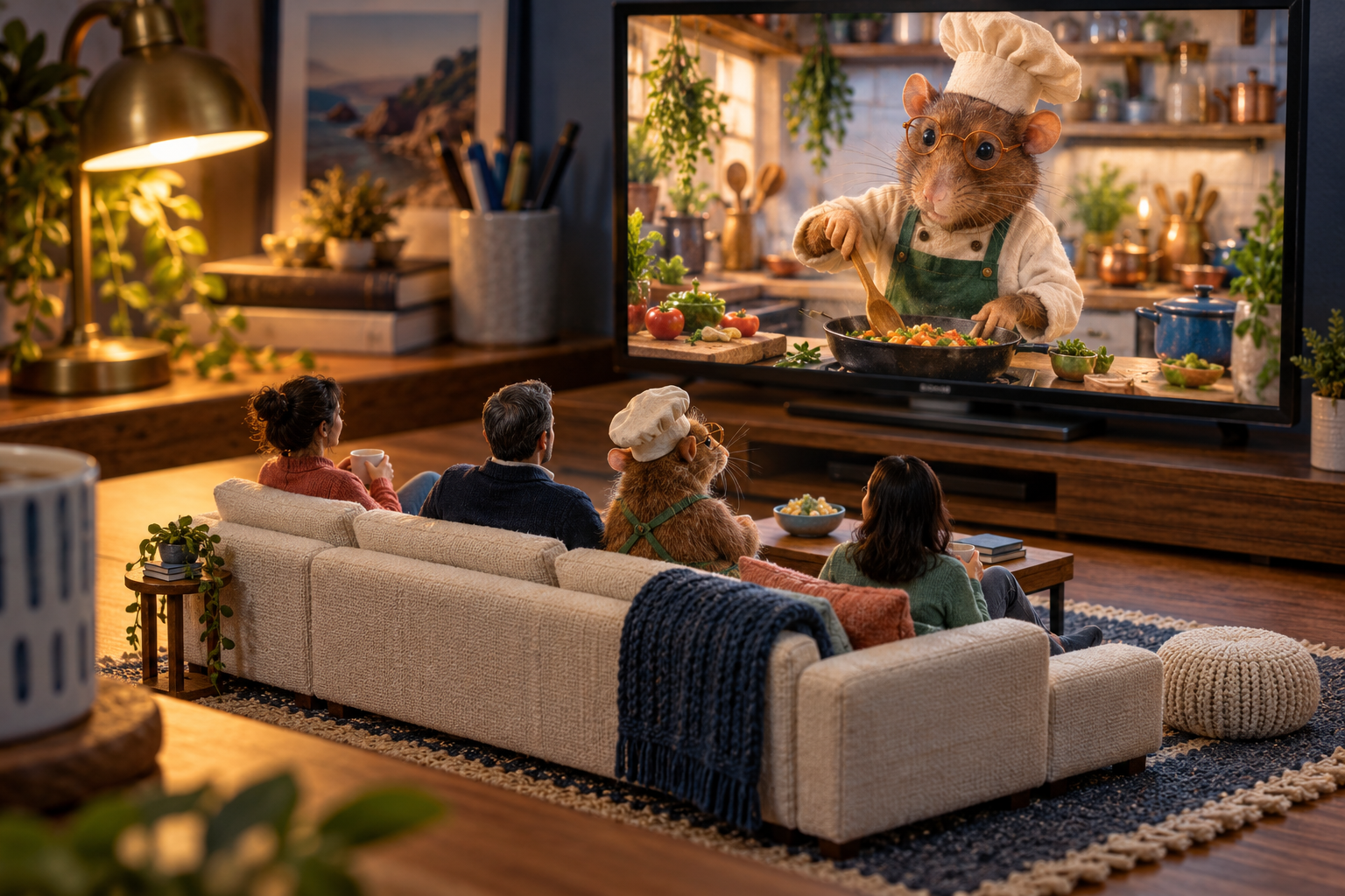 Three miniature adults and a human-sized brown rat chef sit on a couch watching the same original rat chef cook on an oversized television.