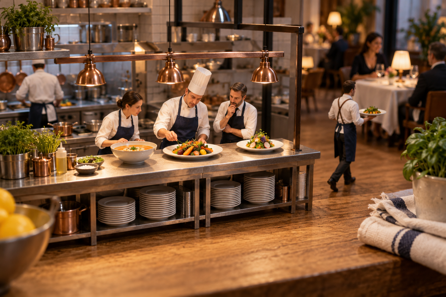 A miniature kitchen team checks three different finished dishes while a waiter carries a plate to diners.