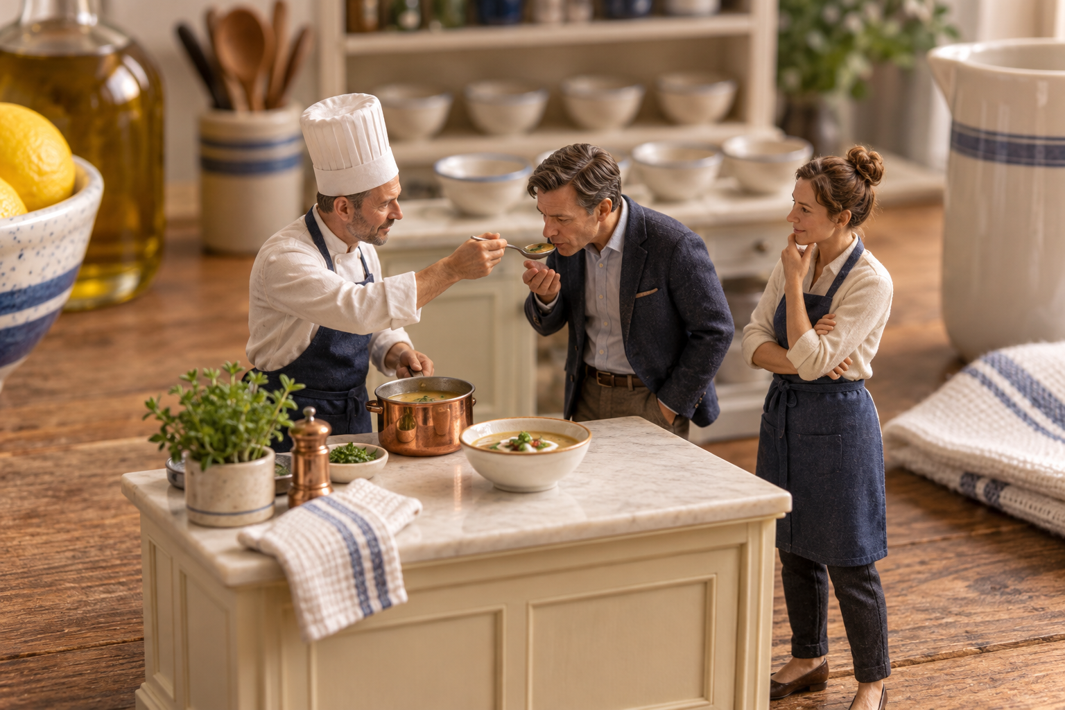 A miniature chef offers a spoonful of soup to a business owner for review before preparing the full batch.