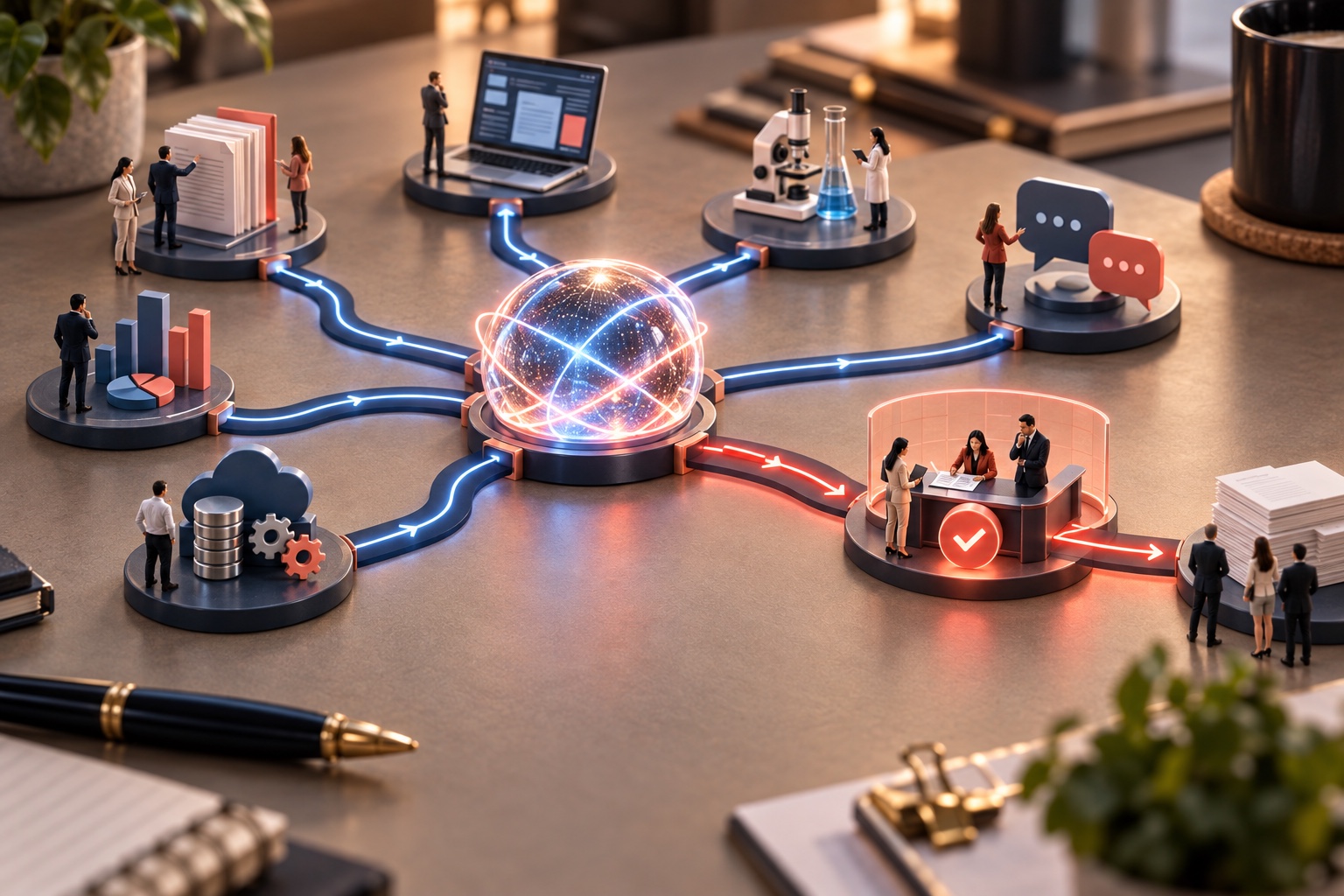 Miniature business leaders supervising a powerful AI system connected to many work areas through a human approval station