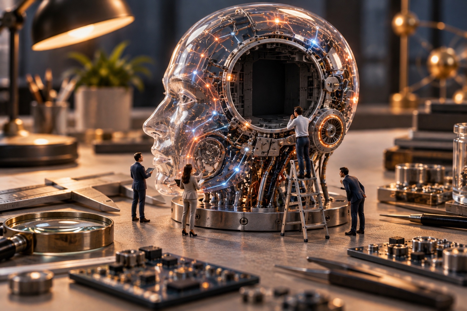 Miniature researchers examining an advanced transparent machine head with an empty central chamber