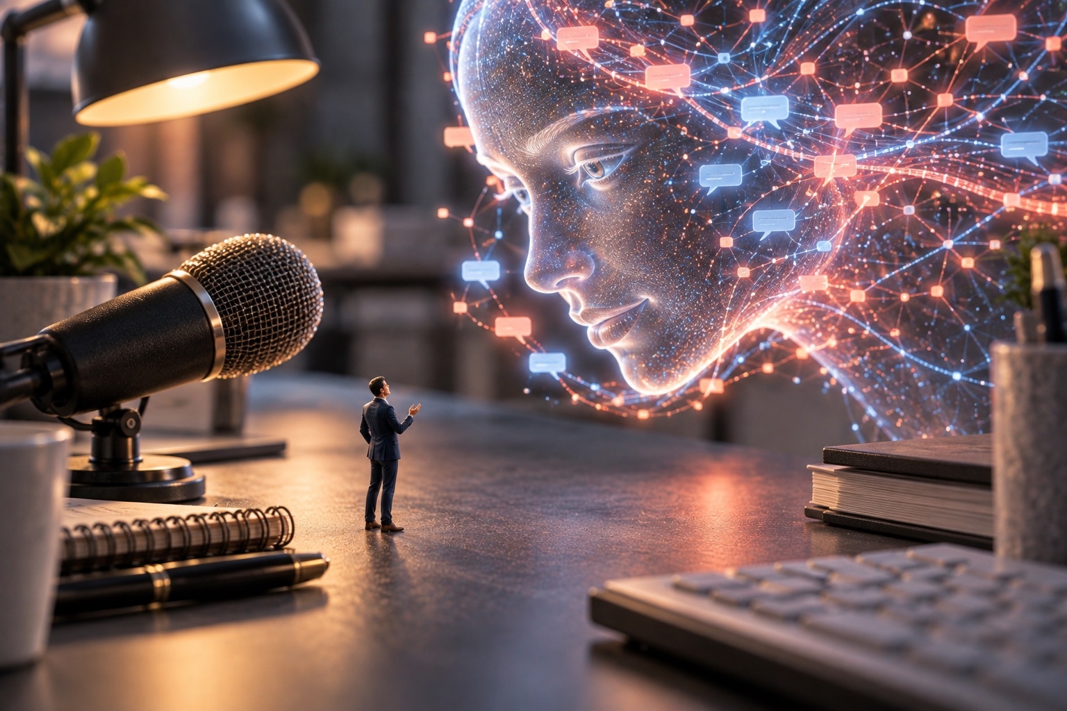 Miniature businessperson speaking to an enormous artificial face formed from glowing neural connections