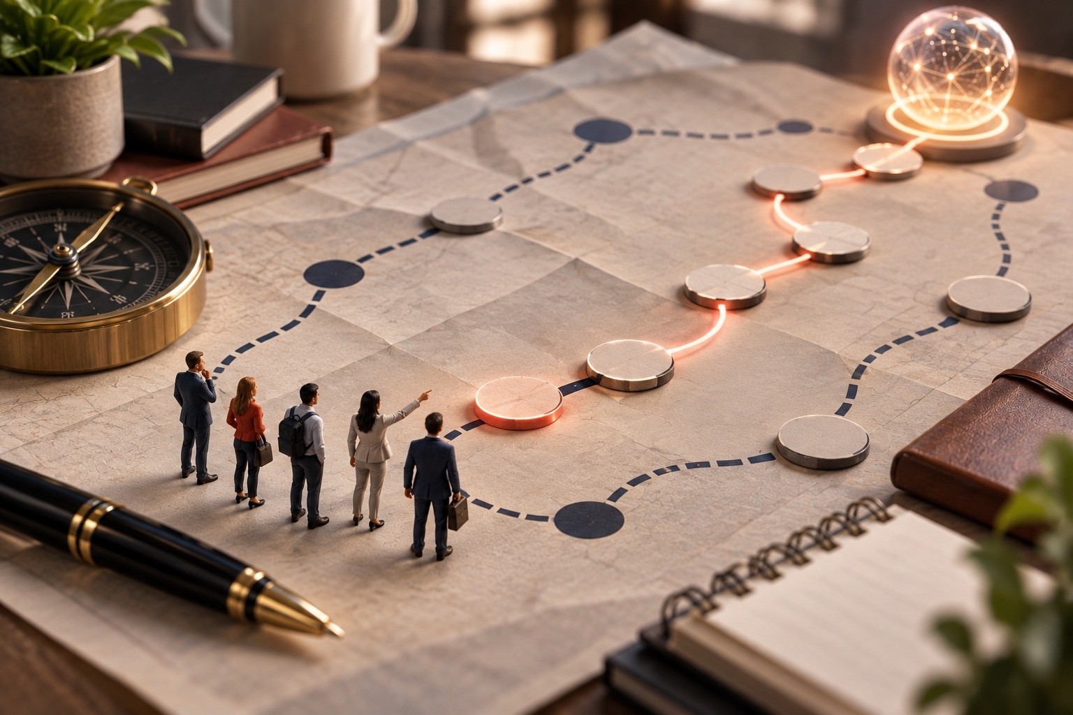 Miniature business travellers following connected token tiles across an oversized language map