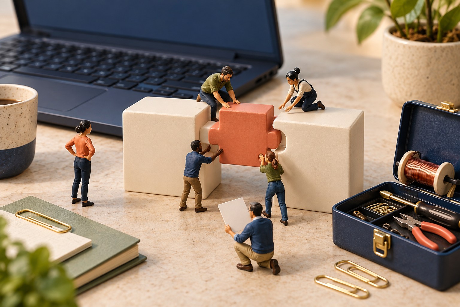 Miniature business staff fitting a small coral connection between two existing systems beside a laptop and toolbox.