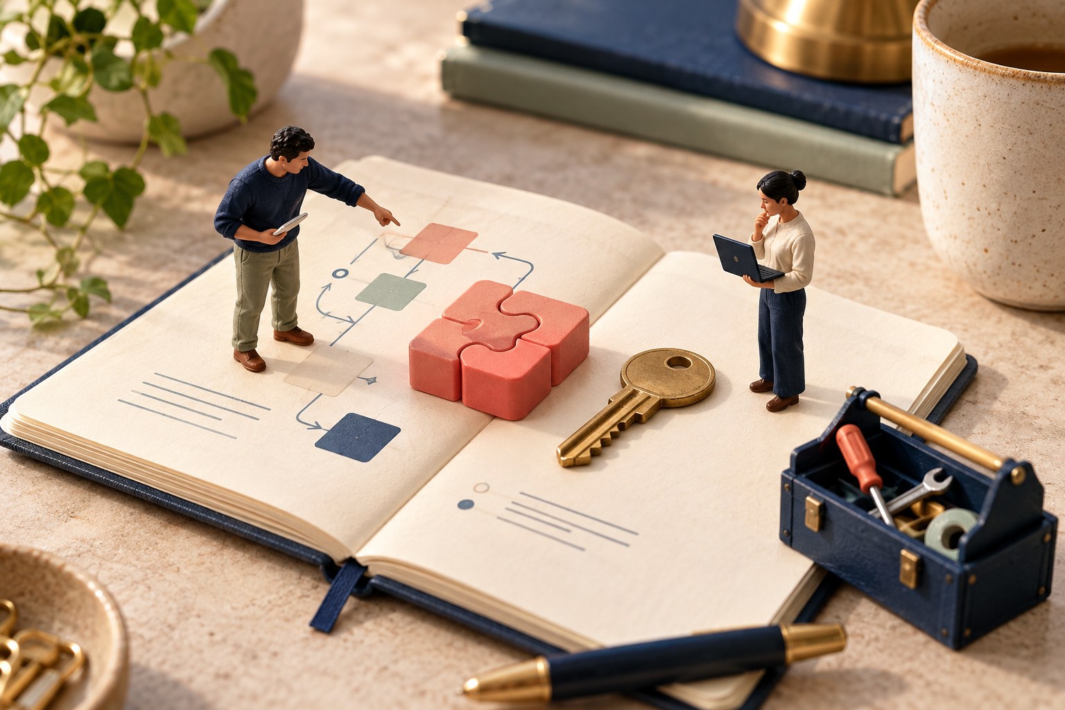 Two miniature colleagues reviewing a maintenance notebook beside a software block, key and toolbox.