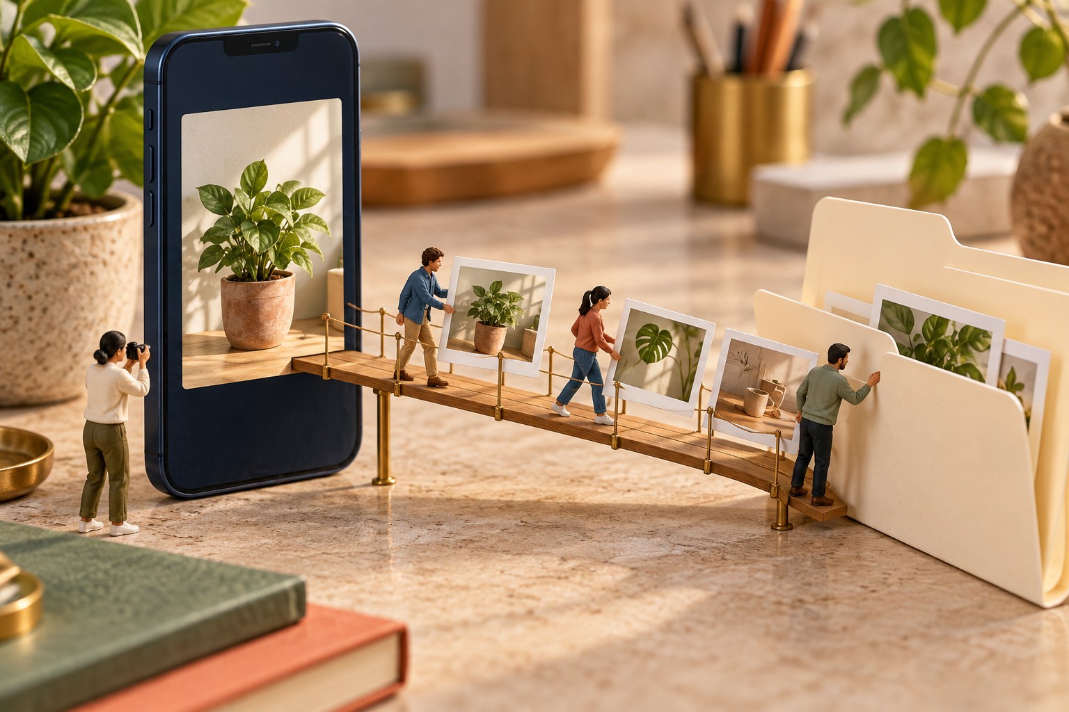Miniature staff moving photo cards from a phone across a bridge into a company folder.