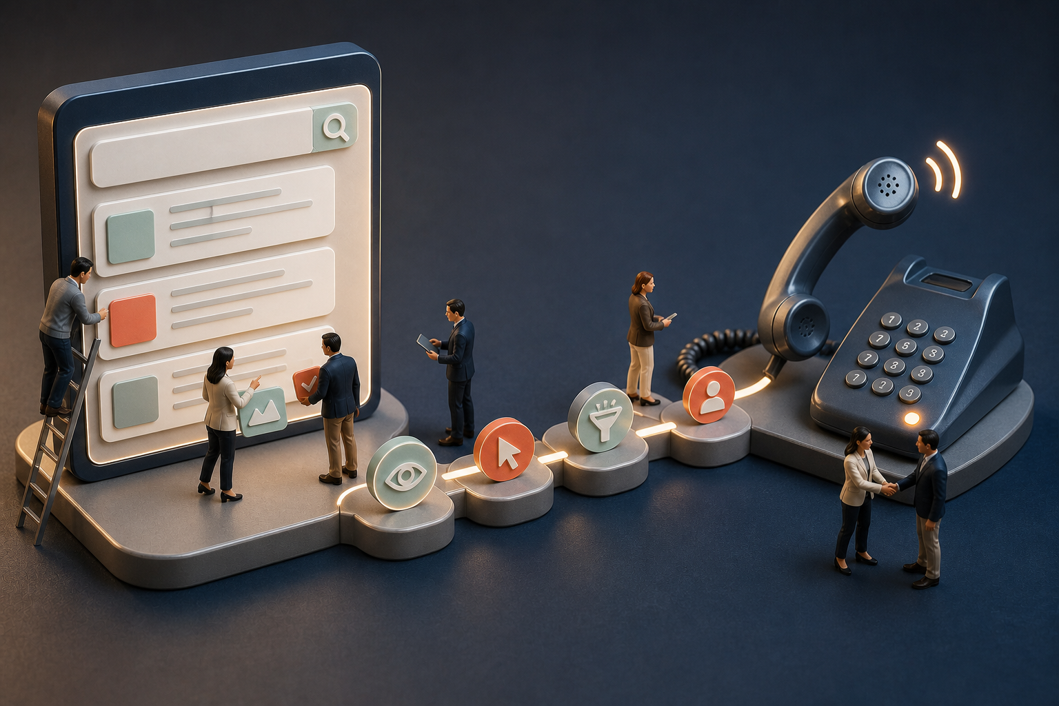 Miniature business team tracing a path from an AI search result to a ringing customer phone