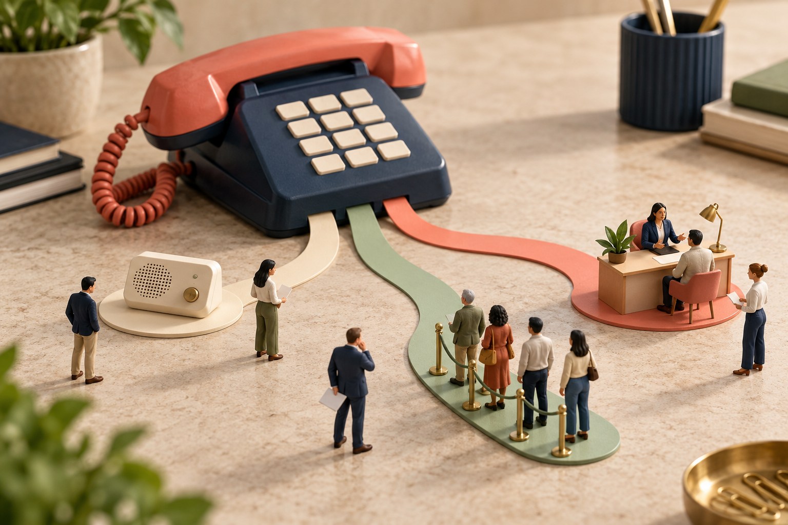Miniature staff reviewing separate routes through a phone journey.