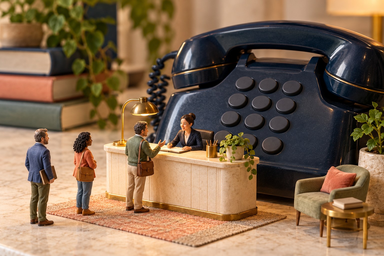 Miniature people at a welcoming service desk beside an oversized office telephone.
