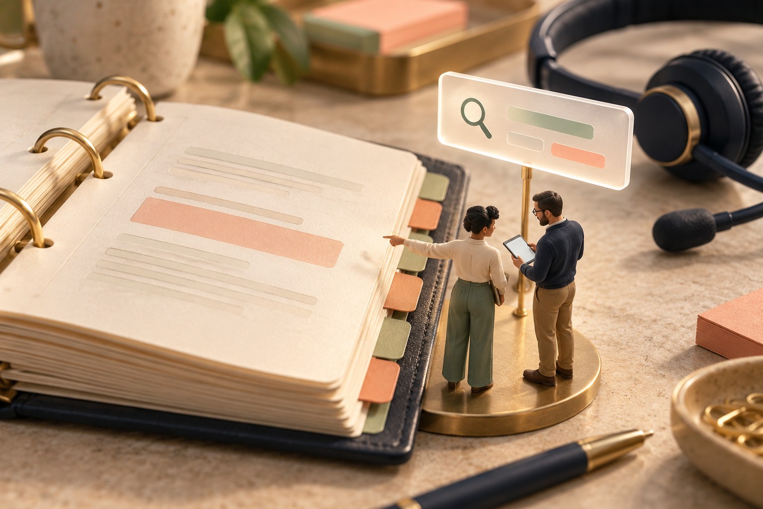 Miniature employees checking a policy binder while helping a caller.