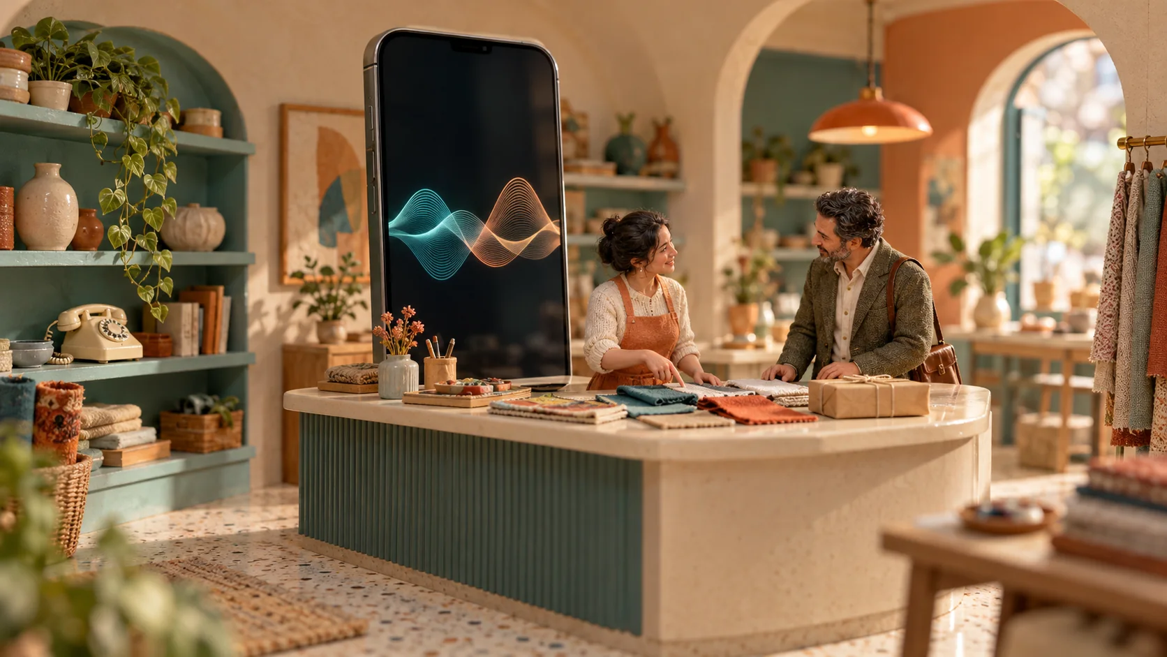 A shopkeeper and visitor discuss fabric samples beside an oversized phone showing teal and orange sound waves in a retro boutique.
