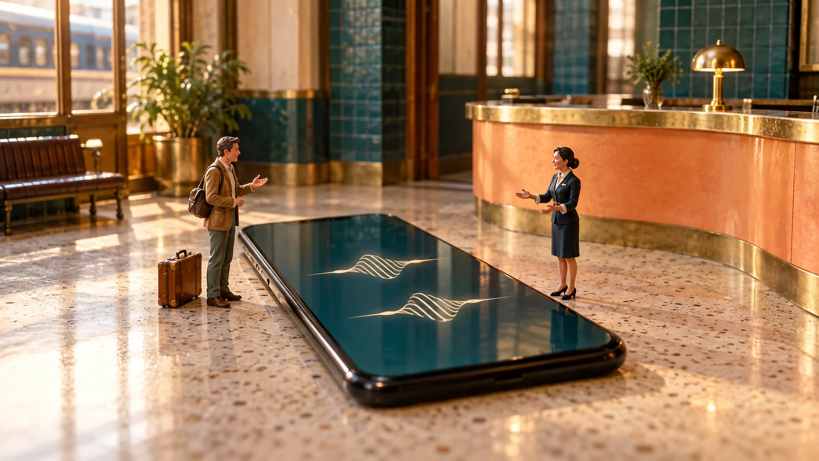 A miniature traveller with a suitcase and a reception attendant converse across an oversized phone in a warm retro station lobby.