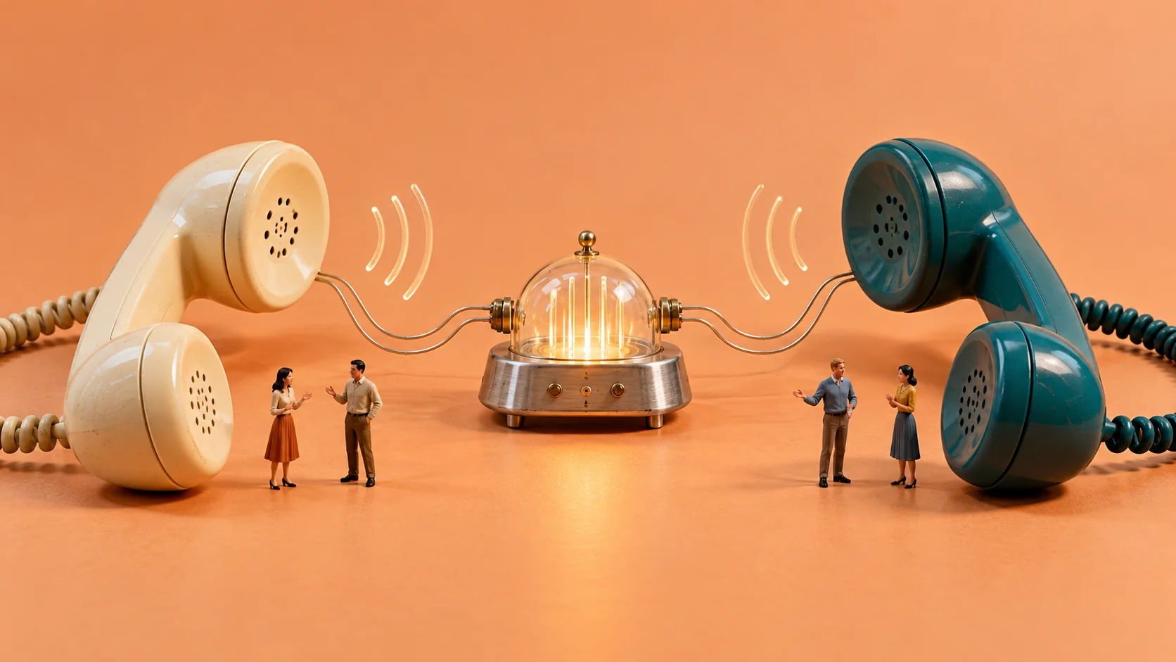 Four miniature adults beside oversized cream and teal telephone handsets connected through a glowing glass translation device.