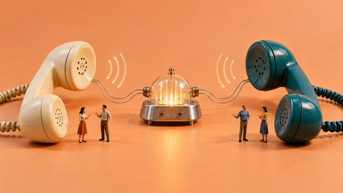 Four miniature adults beside oversized cream and teal telephone handsets connected through a glowing glass translation device.